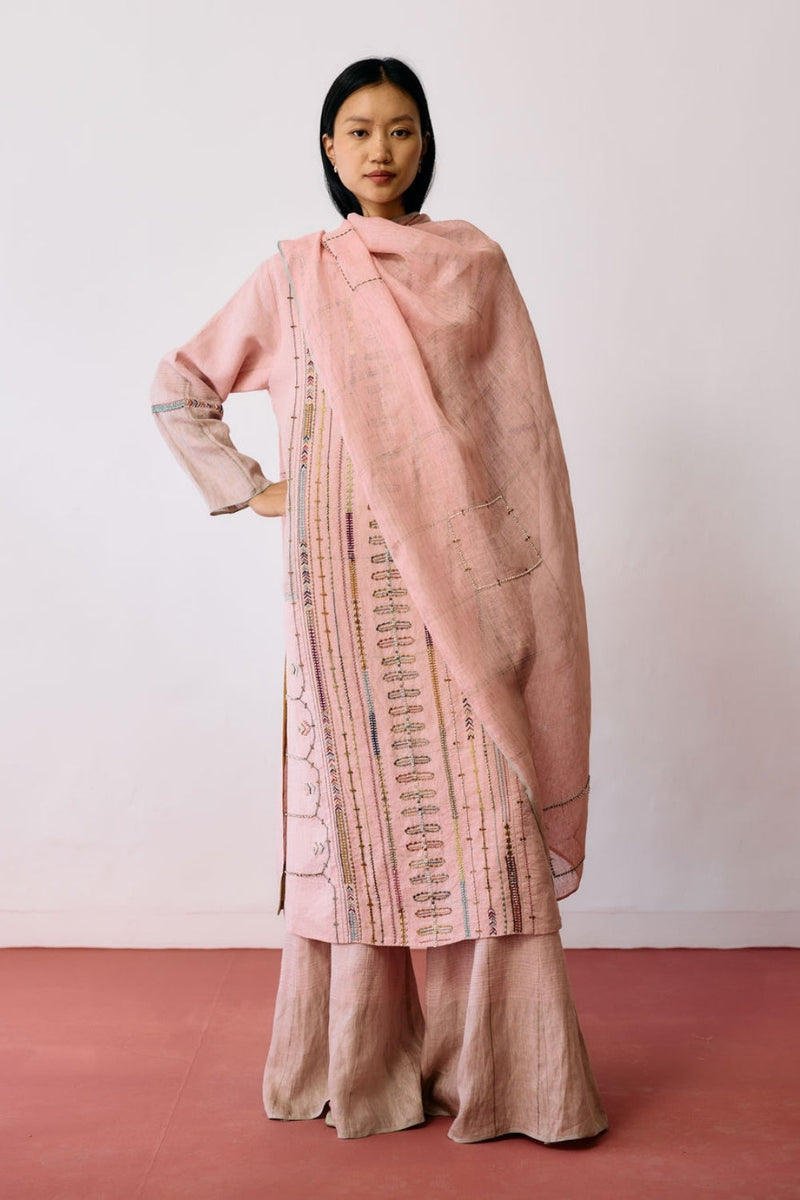 Mora Hand-Embroidered Metallic Linen Dupatta-Pink linen dupatta by Manan in pink for women in Singapore
