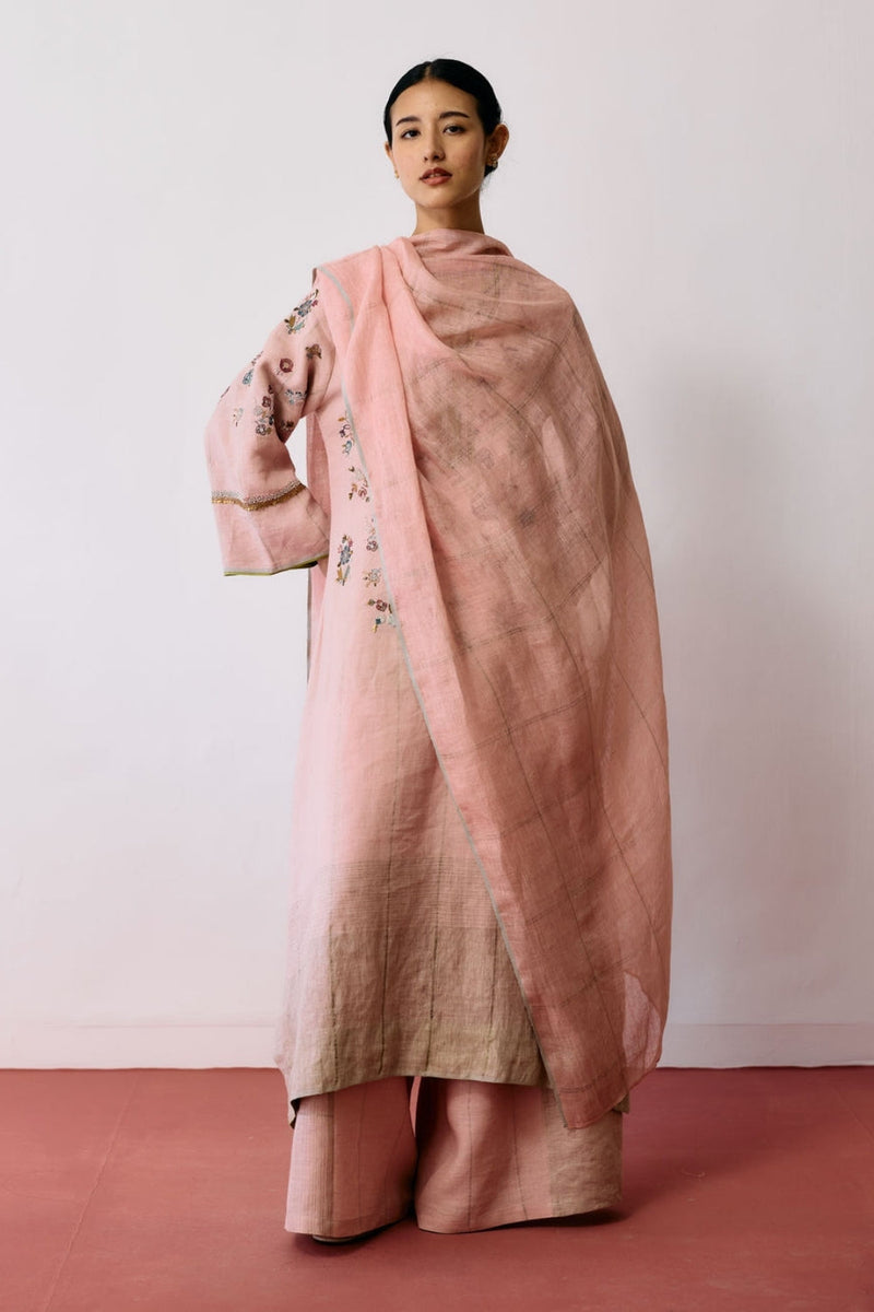 Sava Linen Metallic-Check Dupatta-Pink linen dupatta by Manan in pink for women in Singapore