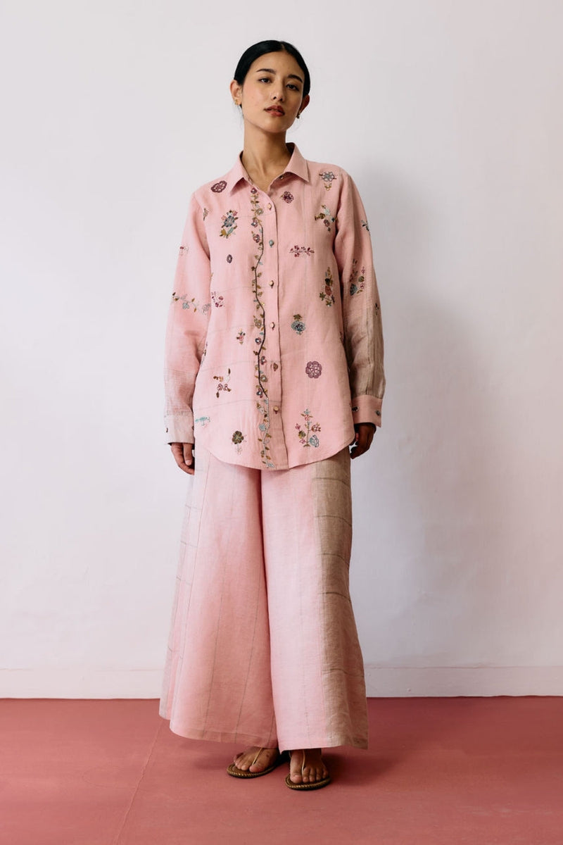 Mansa Floral Hand-Embroidered Co-ord-Pink linen co-ord set by Manan in pink for women in Singapore