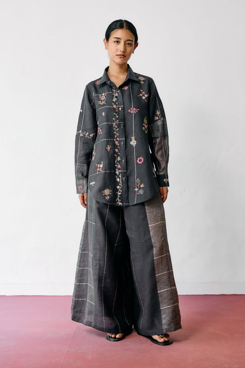 Mansa Floral Hand-Embroidered Co-ord-Charcoal linen co-ord set by Manan in black for women in Singapore