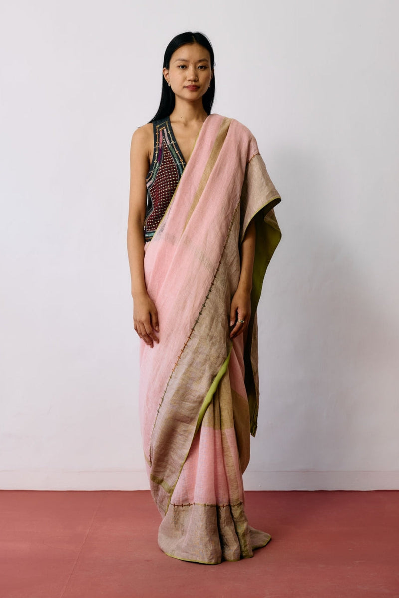 Afra Metallic Handloom Linen Saree-Metallic Pink linen saree by Manan in pink for women in Singapore