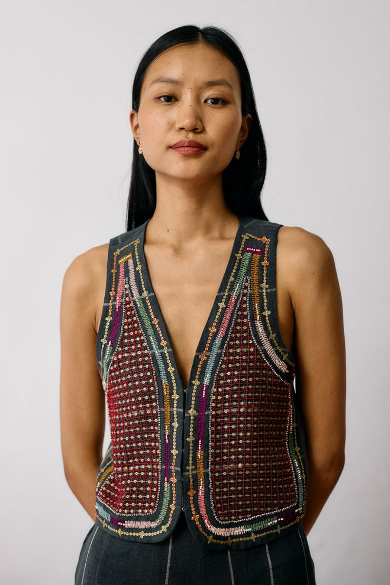 Kaya Hand-Embroidered Vest-Charcoal linen jacket/overlay by Manan in black for women in Singapore