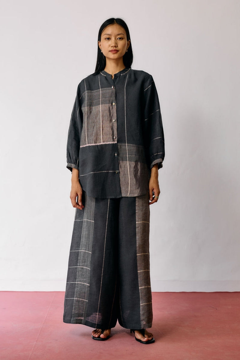 Rin Metallic Linen Co-ord-Charcoal linen co-ord set by Manan in black for women in Singapore
