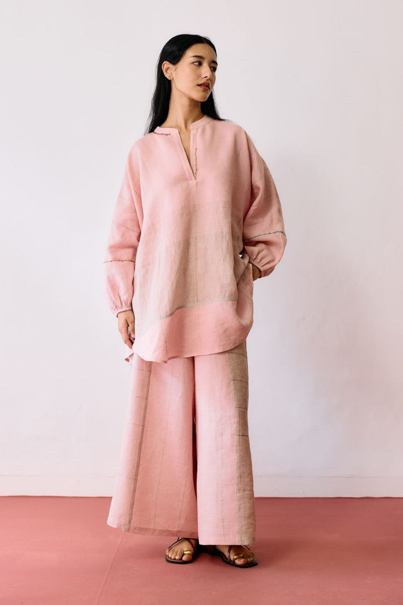 Raza Metallic Linen Co-ord-Pink linen co-ord set by Manan in pink for women in Singapore