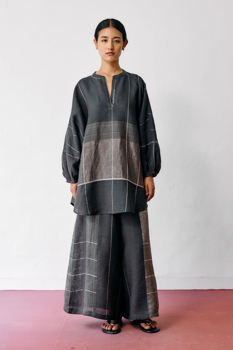 Raza Metallic Linen Co-ord-Charcoal linen co-ord set by Manan in black for women in Singapore