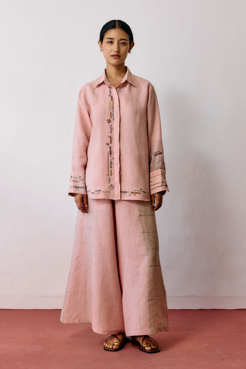 Hanat Hand-Embroidered Bird Co-ord-Pink linen co-ord set by Manan in pink for women in Singapore