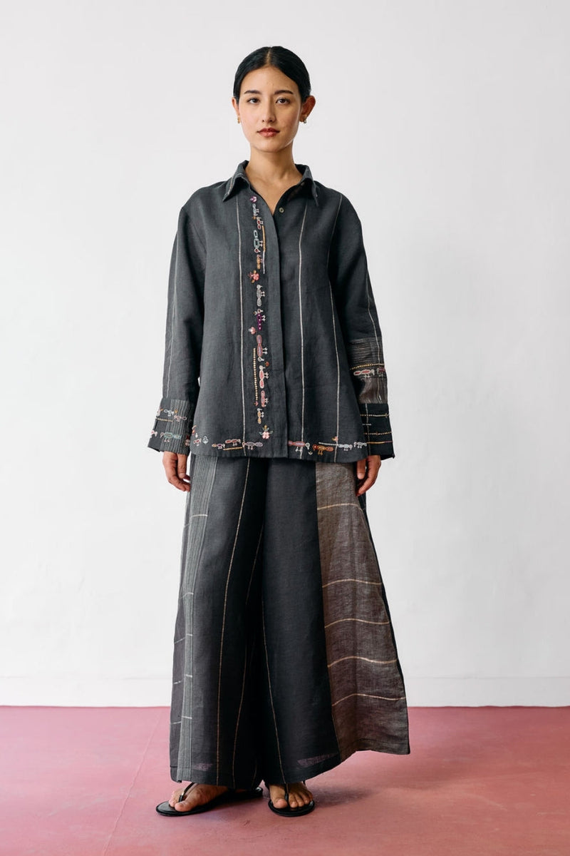 Hanat Hand-Embroidered Bird Co-ord-Charcoal linen co-ord set by Manan in black for women in Singapore