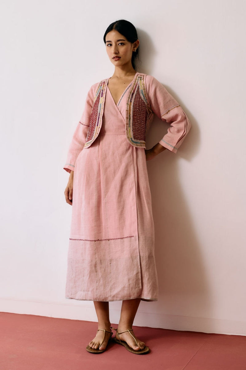 Raya Metallic Linen Wrap Dress with Jacket-Pink linen co-ord set by Manan in pink for women in Singapore