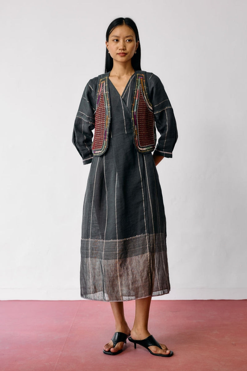 Raya Metallic Linen Wrap Dress with Jacket-Charcoal linen co-ord set by Manan in black for women in Singapore