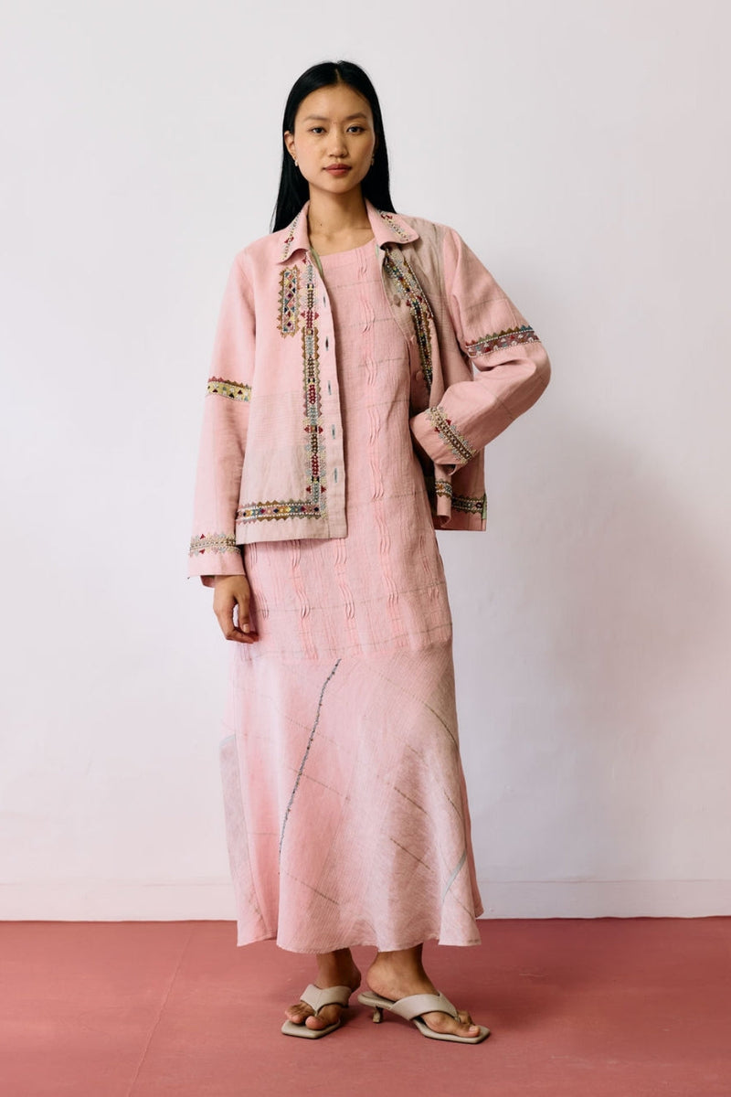 Dana Pintuck & Pleat Sleeveless Co-ord-Pink linen co-ord set by Manan in pink for women in Singapore
