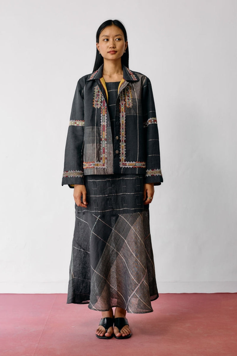 Dana Pintuck & Pleat Sleeveless Co-ord-Charcoal linen co-ord set by Manan in black for women in Singapore