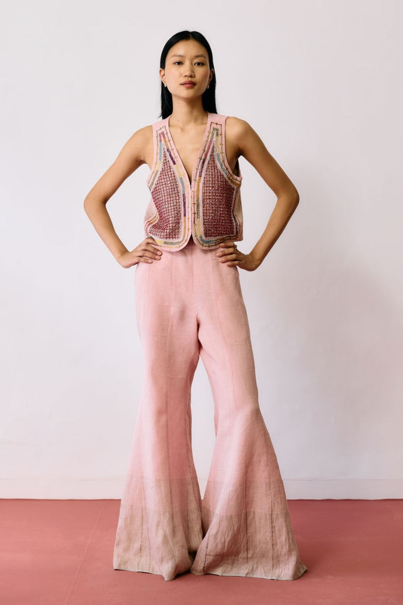 Kaya Hand-Embroidered Co-ord-Pink linen co-ord set by Manan in pink for women in Singapore