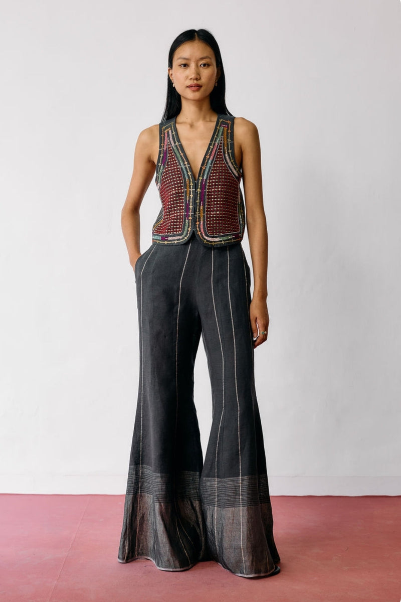 Kaya Hand-Embroidered Co-ord-Charcoal linen co-ord set by Manan in black for women in Singapore