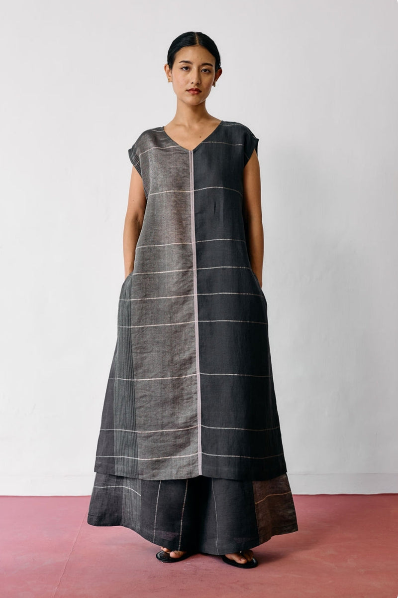 Rira Metallic Linen Long Co-ord-Charcoal linen co-ord set by Manan in black for women in Singapore