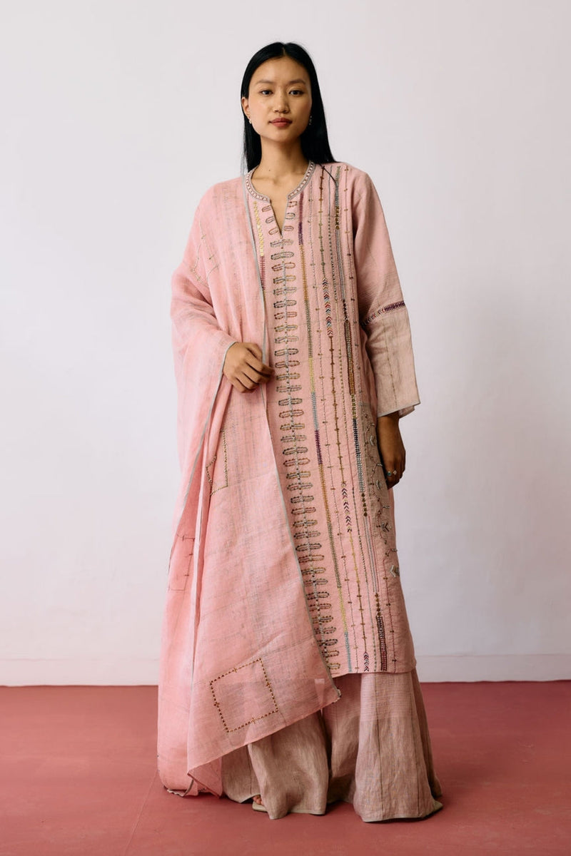 Aicha Hand-Embroidered Panelled Kurta Set-Pink linen kurta/kurta set by Manan in pink for women in Singapore