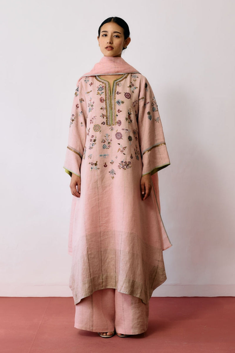 Ura Hand-Embroidered Metallic Linen Kurta Set-Pink linen kurta/kurta set by Manan in pink for women in Singapore