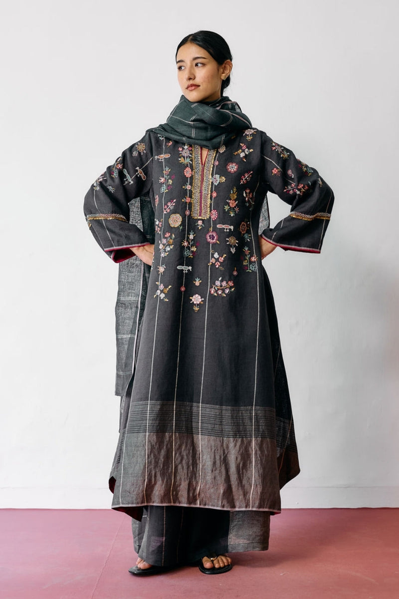 Ura Hand-Embroidered Metallic Linen Kurta Set-Charcoal linen kurta/kurta set by Manan in black for women in Singapore