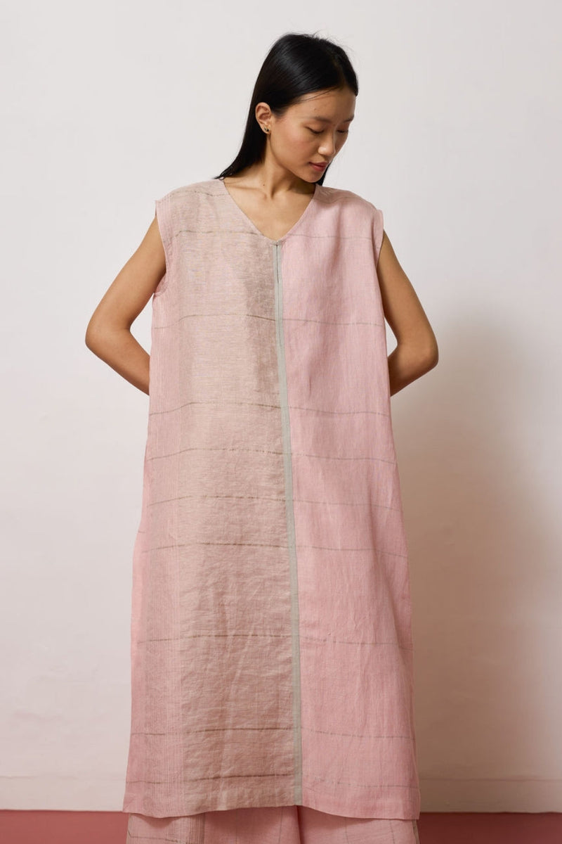 Rira Metallic Linen Long Tunic-Pink linen kurta/kurta set by Manan in pink for women in Singapore