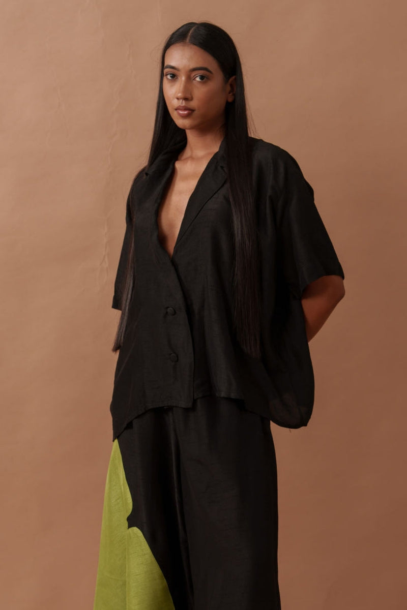 Gunpowder Flo Shirt mysore silk top/shirt by Stoique in green, black for women in Singapore