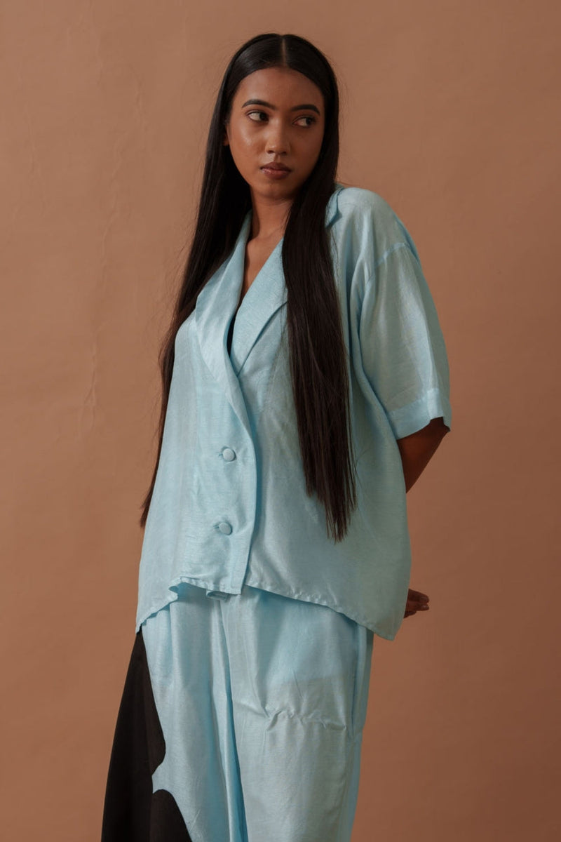 Gunpowder Flo Shirt Blue mysore silk top/shirt by Stoique in blue, black for women in Singapore