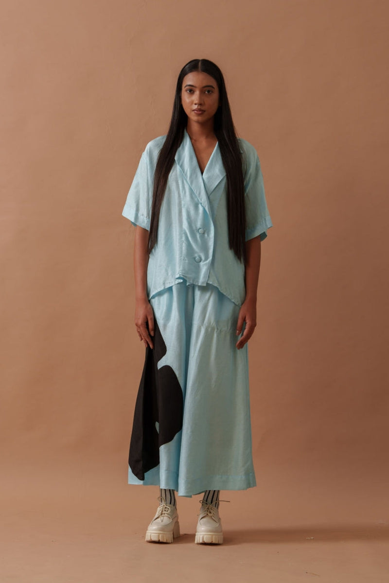 Gunpowder Flo Shirt Blue mysore silk top/shirt by Stoique in blue, black for women in Singapore