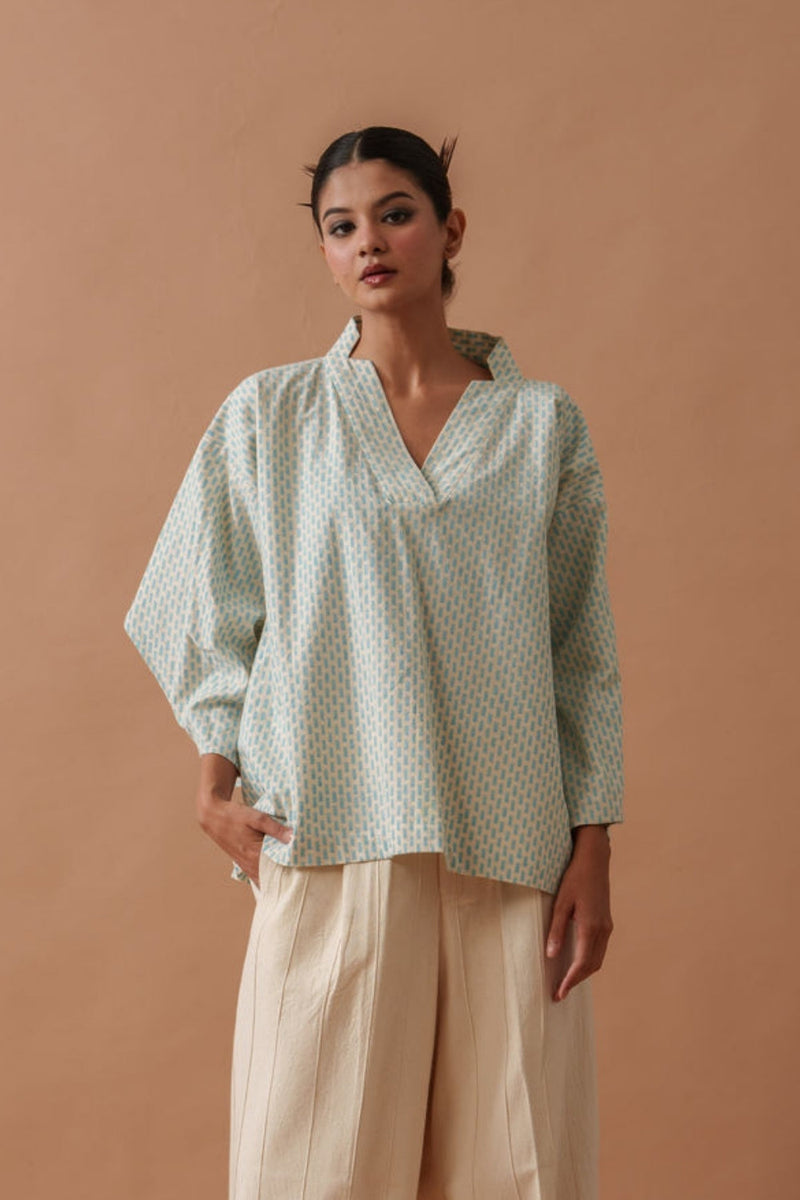 Heather Top handwoven cotton top/shirt by Stoique in natural, ice blue for women in Singapore