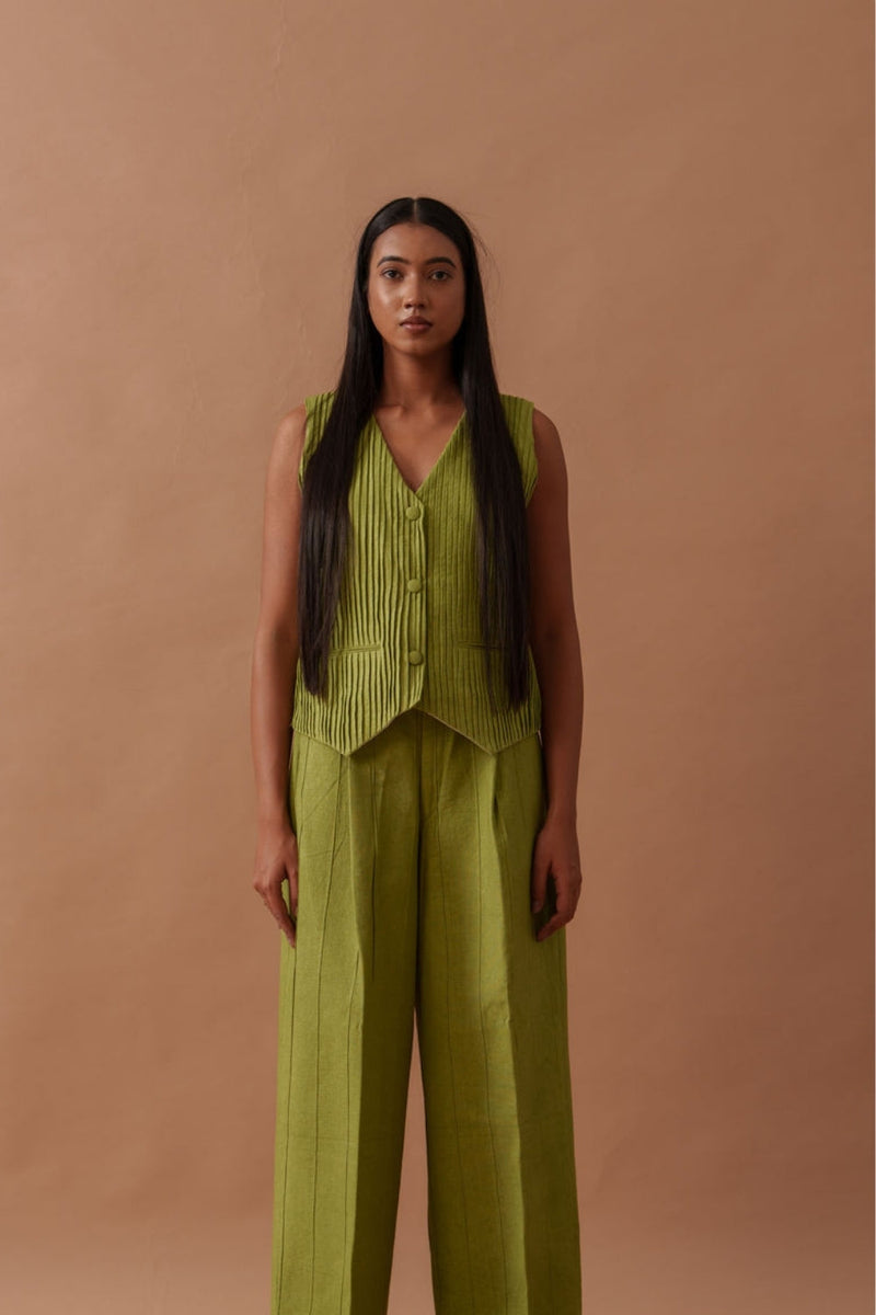 Sunflower Vest handwoven cotton top/shirt by Stoique in green for women in Singapore