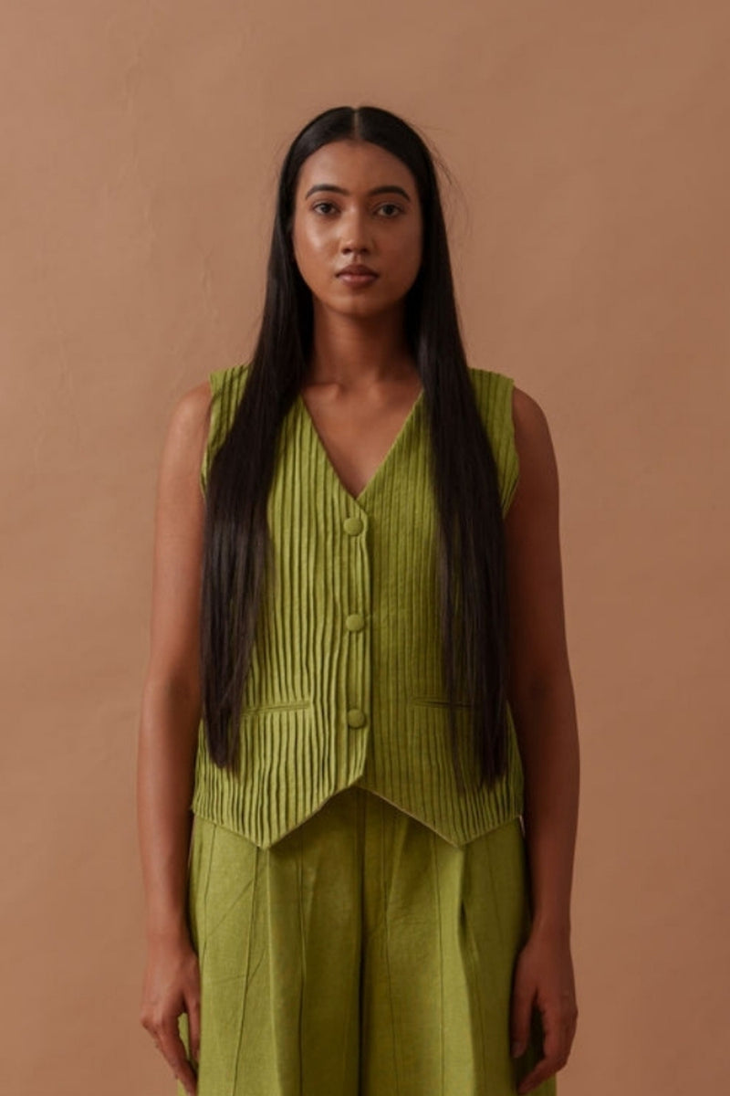 Sunflower Vest handwoven cotton top/shirt by Stoique in green for women in Singapore