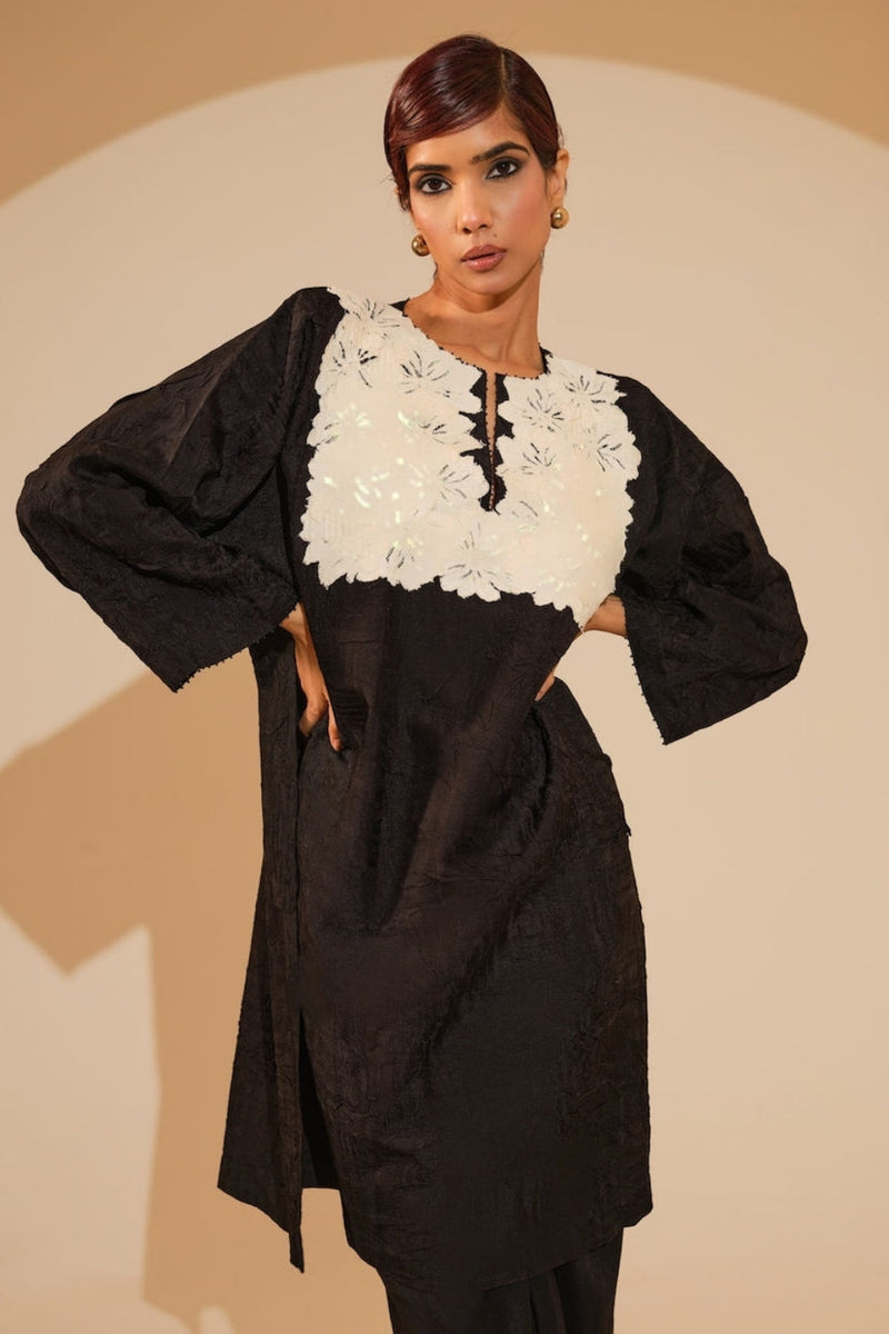 Beam Tunic-Black + Natural crushed silk tunics/kaftan by Stoique in black, natural for women in Singapore