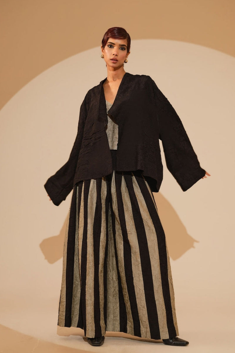 Bloom Overlay-Black + Multi crushed silk jacket/overlay by Stoique in black, multi for women in Singapore