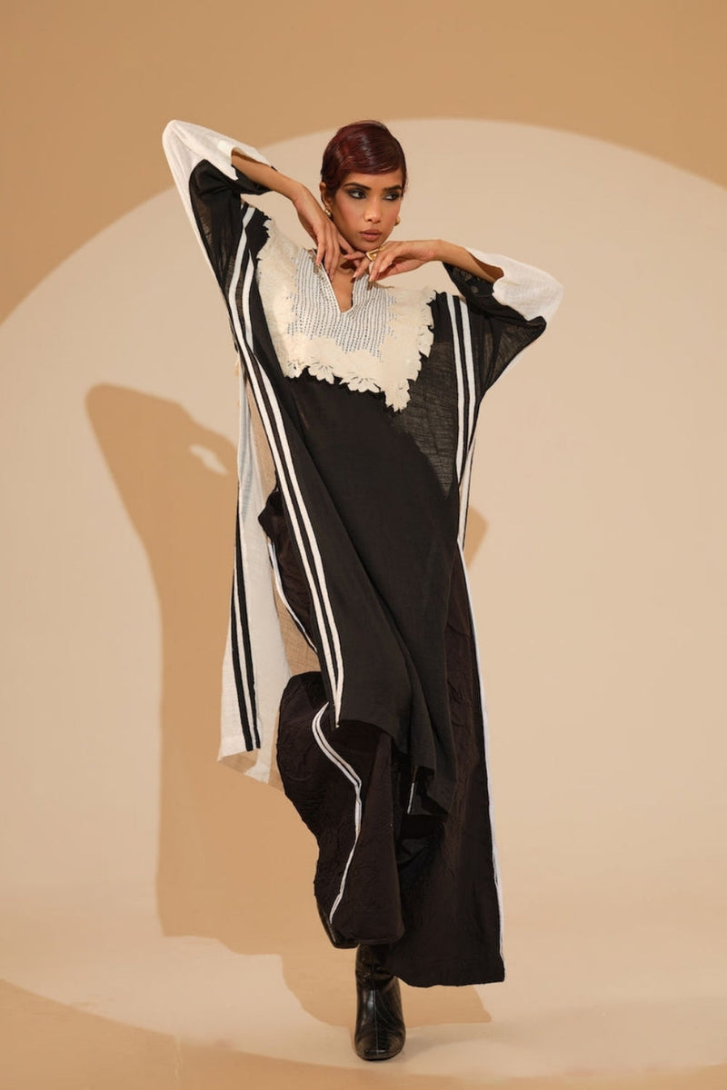 Fern Tunic-Black + Natural crushed silk tunics/kaftan by Stoique in black, natural for women in Singapore