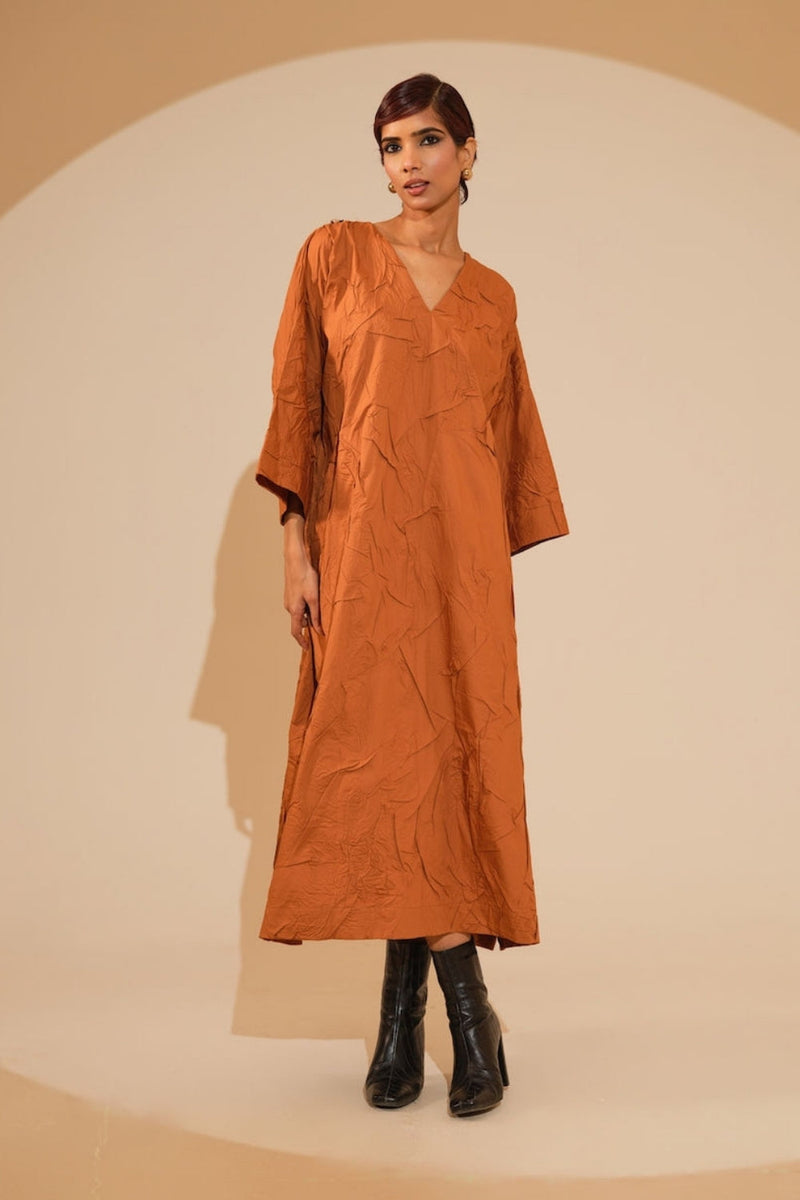 Flow Dress-Rust Orange + Black + Blue crushed cotton dress by Stoique in rust orange, black, blue for women in Singapore