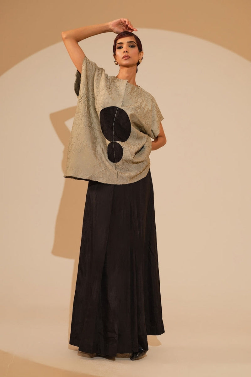 Lane Top-Taupe + Black crushed silk top/shirt by Stoique in taupe, black for women in Singapore