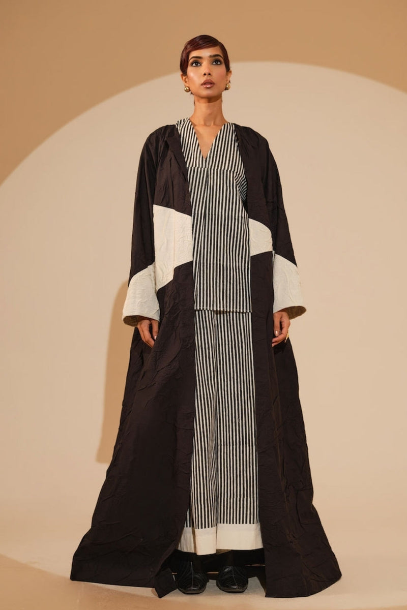 Mist Overlay-Black + Natural crushed cotton jacket/overlay by Stoique in black, natural for women in Singapore