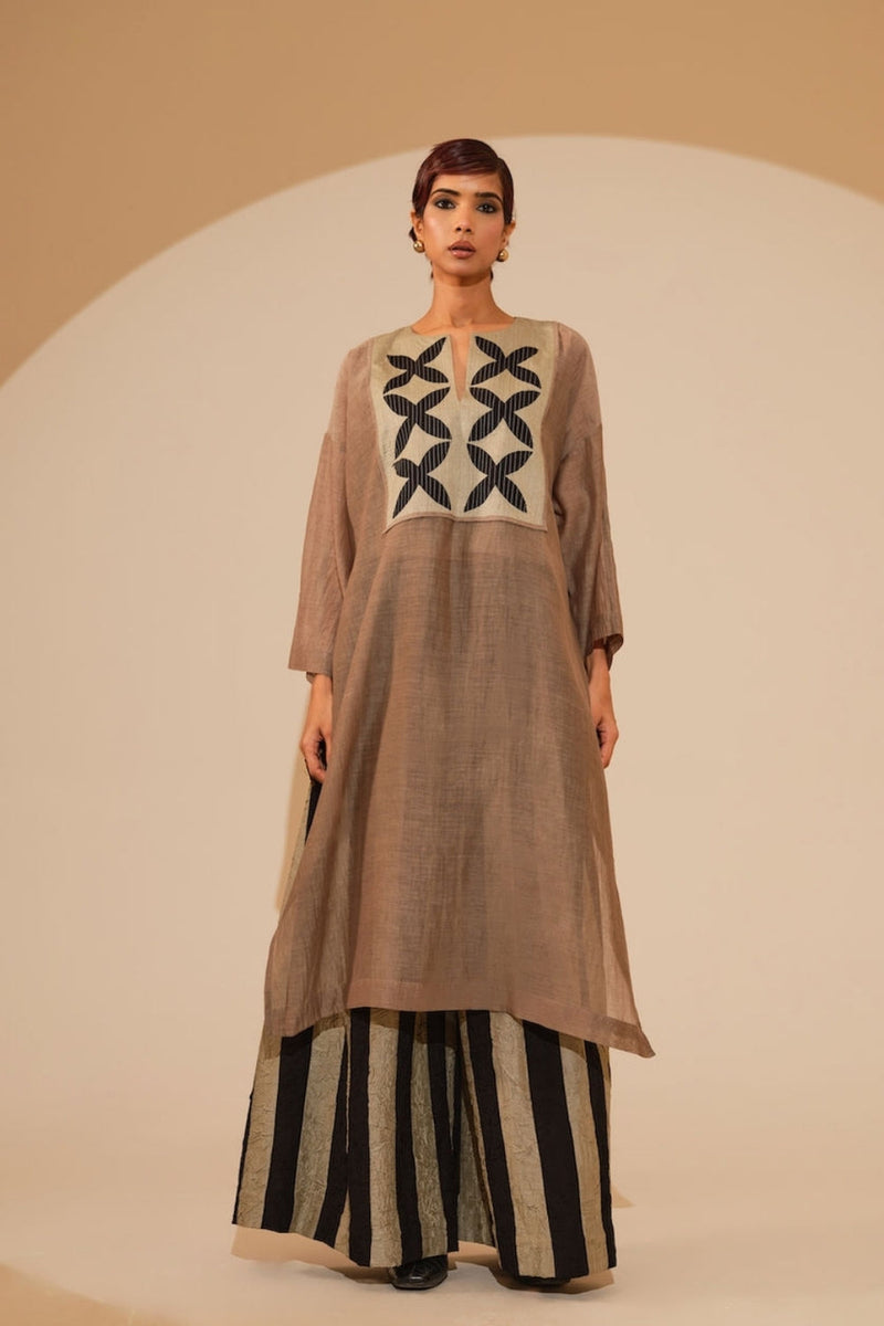 Pebble Tunic-Taupe + Black cotton chanderi tunics/kaftan by Stoique in taupe, black for women in Singapore