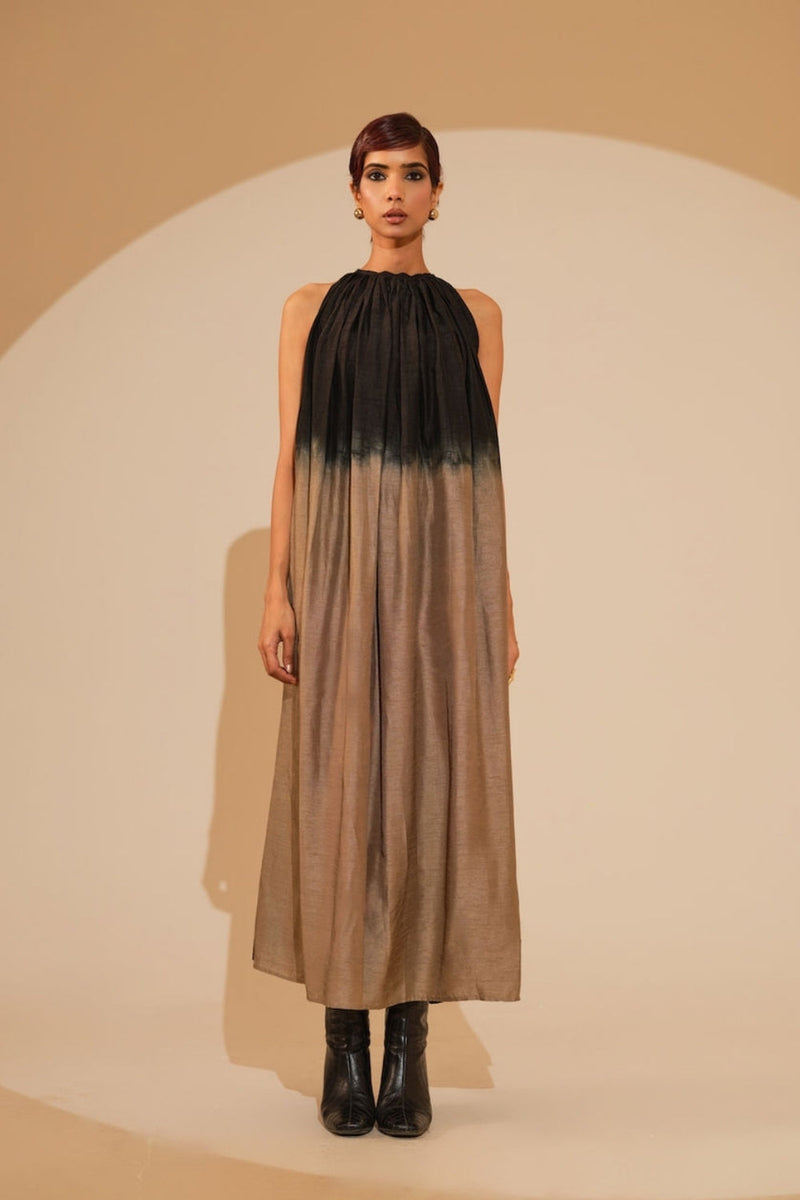 Retain Dress-Black + Grey mysore silk dress by Stoique in black, grey for women in Singapore