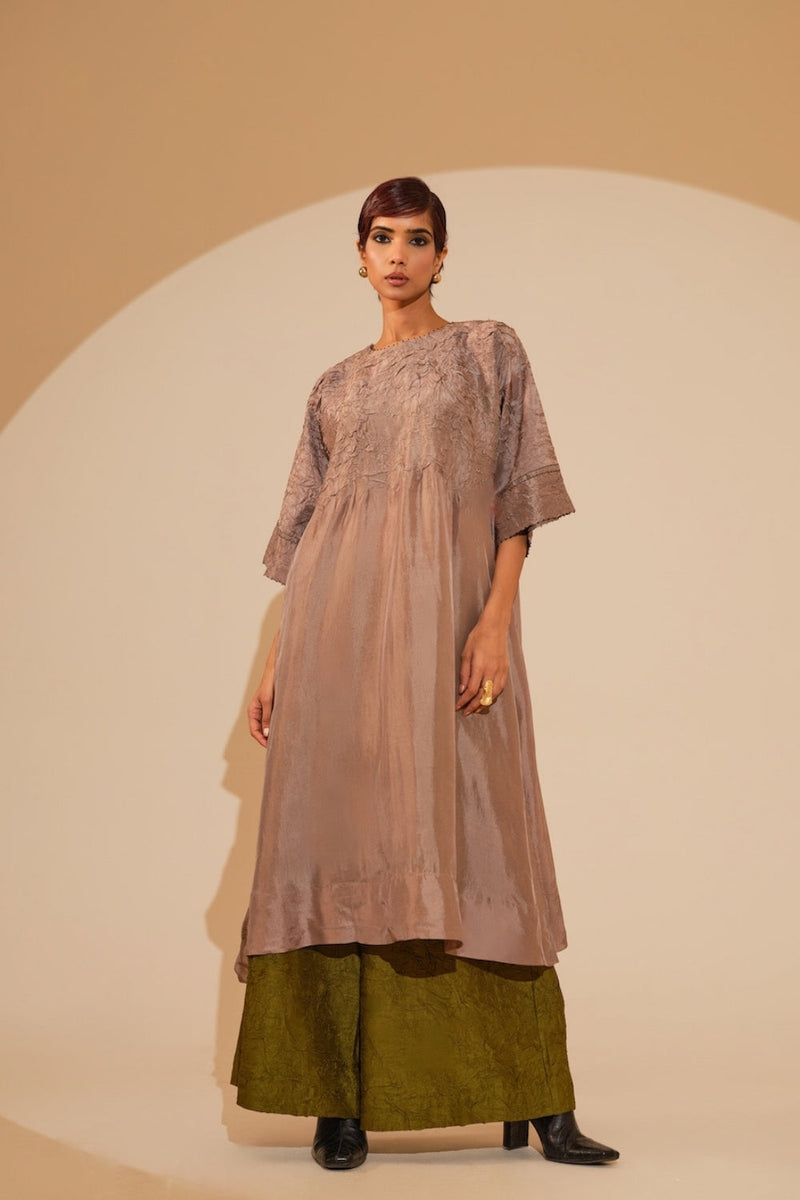 Sprout Tunic-Taupe crushed silk tunics/kaftan by Stoique in taupe for women in Singapore