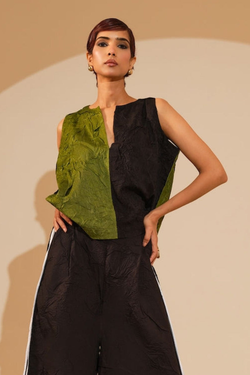 Stream CB Top-Jade + Black crushed silk top/shirt by Stoique in jade, black for women in Singapore