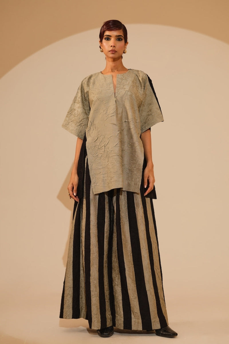Twin Pants-Taupe + Black crushed silk pant/trouser by Stoique in taupe, black for women in Singapore