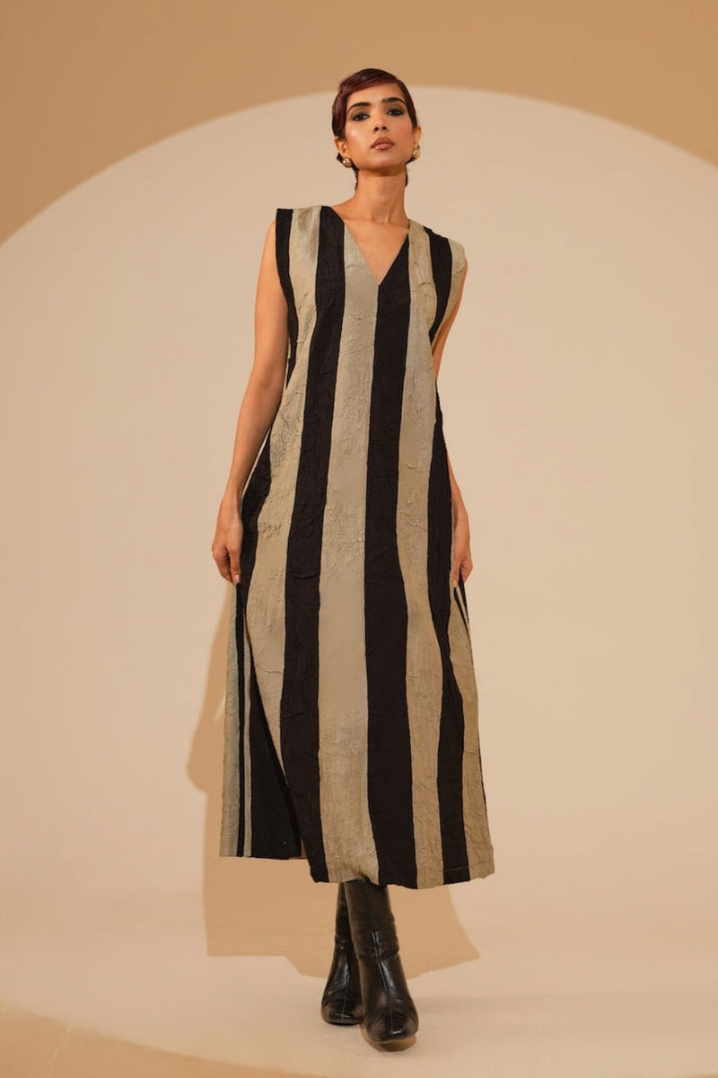 Twin Dress-Taupe + Black crushed silk dress by Stoique in taupe, black for women in Singapore