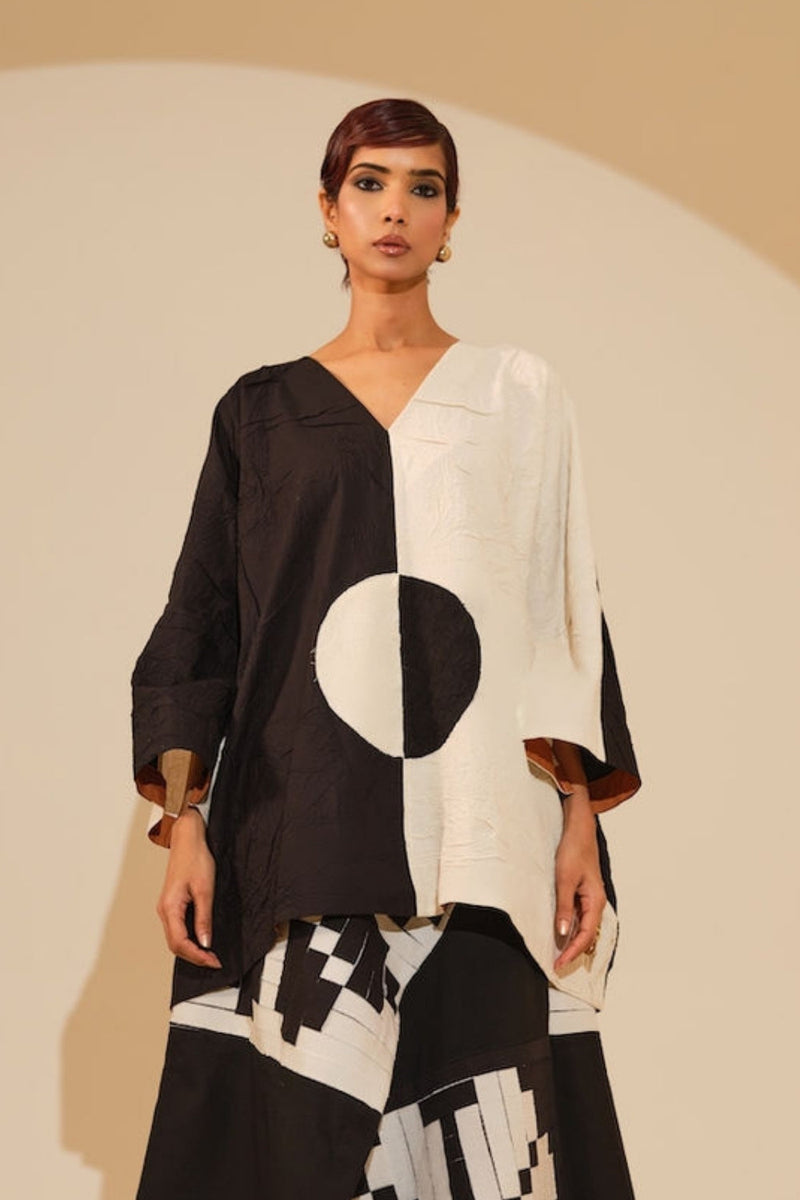 Trace Top-Black + Natural crushed cotton top/shirt by Stoique in black, natural for women in Singapore