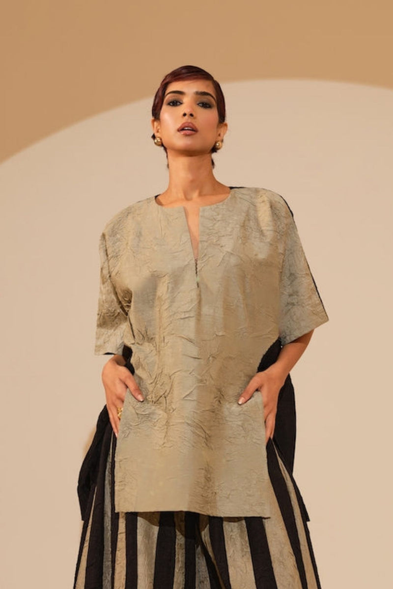 Earthy Top-Taupe + Black crushed silk top/shirt by Stoique in taupe, black for women in Singapore