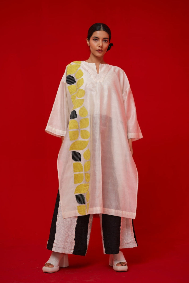 Align Tunic-Ivory + Yellow + Black silk chanderi tunics/kaftan by Stoique in ivory, yellow, black for women in Singapore