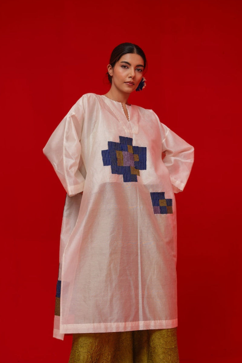 Grace Tunic-Ivory + Blue + Green + Grey silk chanderi tunics/kaftan by Stoique in ivory, blue, green, grey for women in Singapore
