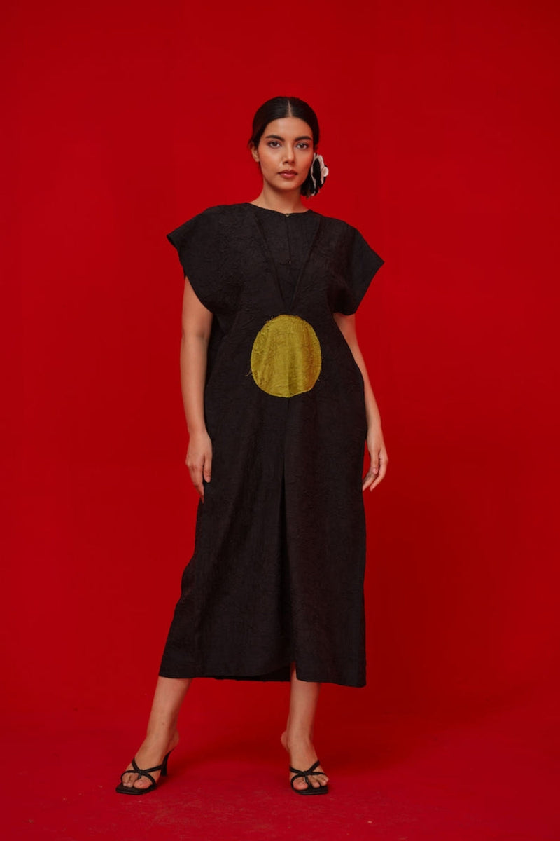 Lane Dress-Black + Leaf green crushed silk dress by Stoique in black, green for women in Singapore