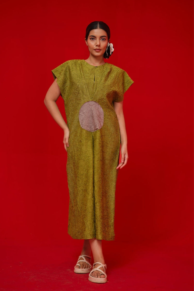 Lane Dress-Leaf green + Grey crushed silk dress by Stoique in green, grey for women in Singapore