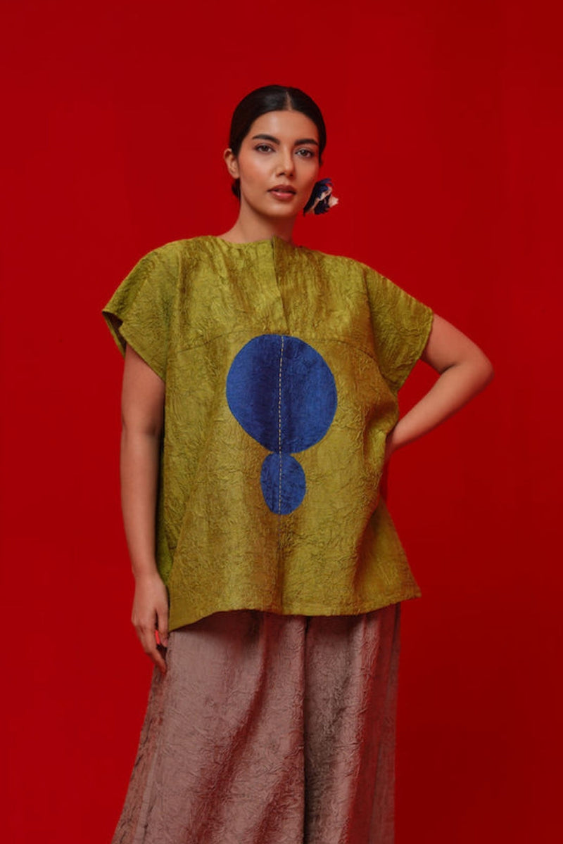 Lane Top-Leaf green + Blue crushed silk top/shirt by Stoique in green, blue for women in Singapore