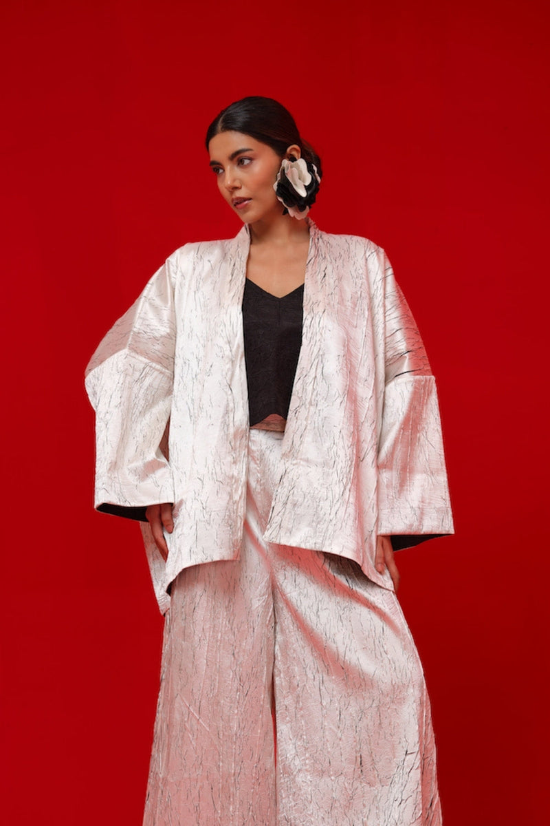 Muse Overlay-White + Black crushed silk jacktes and overlays by Stoique in white, black for women in Singapore