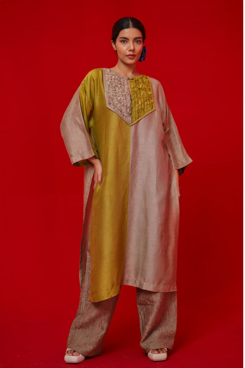 Opal tunic-Leaf green + Grey mysore silk tunics/kaftan by Stoique in green, grey for women in Singapore