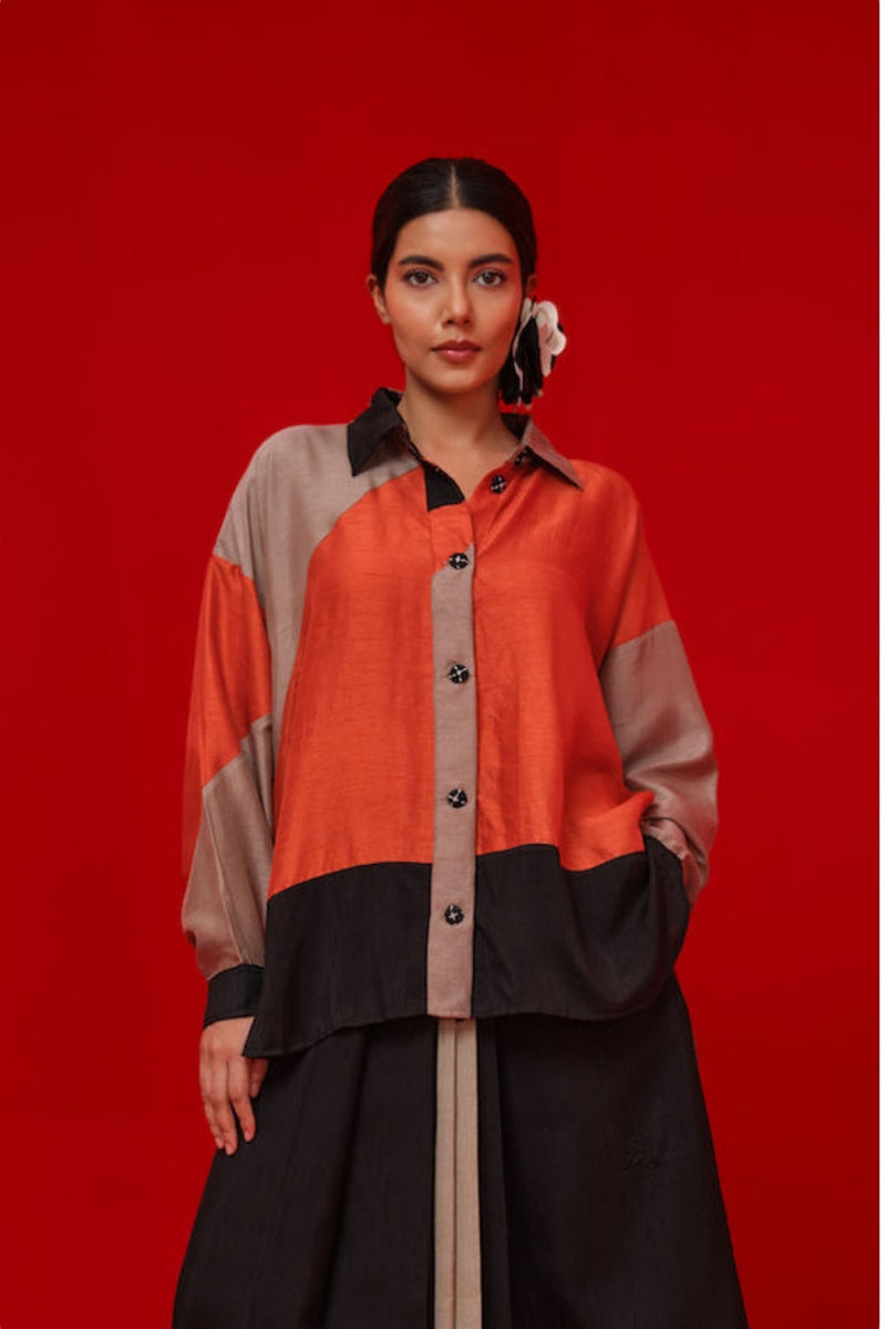 Ponder Shirt-Black + Orange + Grey mysore silk pant/trouser by Stoique in black, orange, grey for women in Singapore